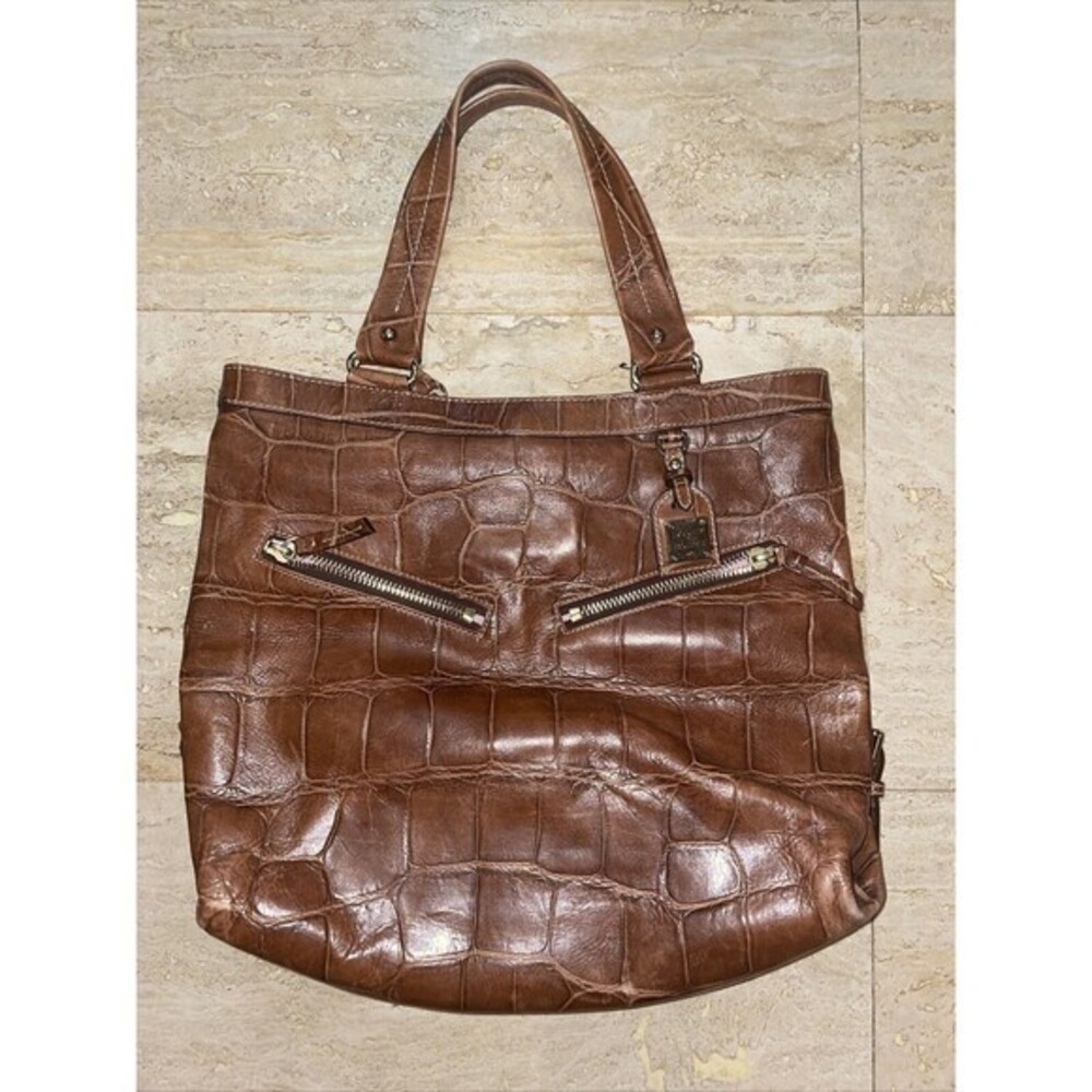 Dooney & Bourke Sara Brown Croc Embossed Leather Tote Hobo Shoulder Bag Large